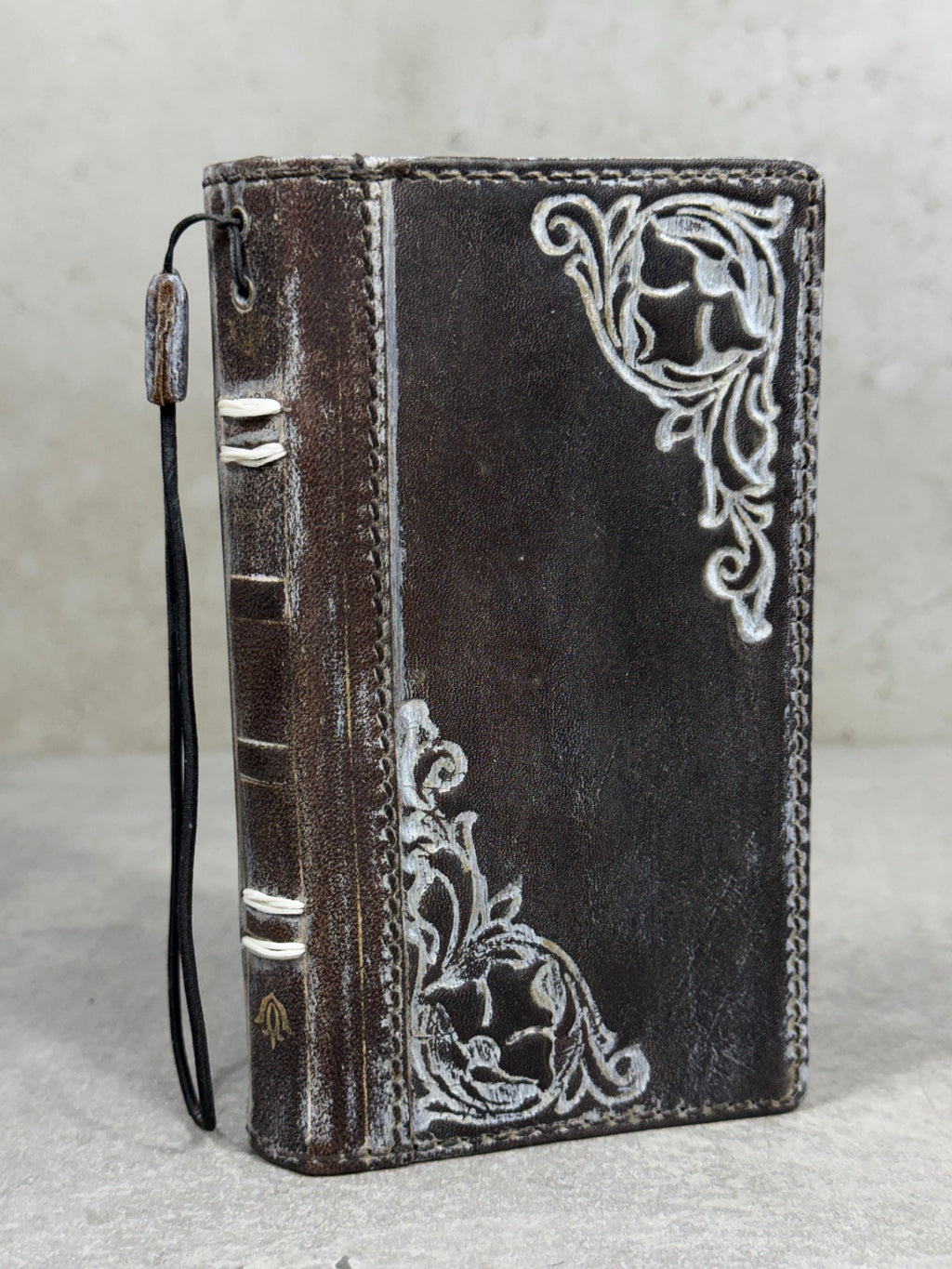 Handmade Leather Phone Wallet: Book Style Cover with Gold Decorations