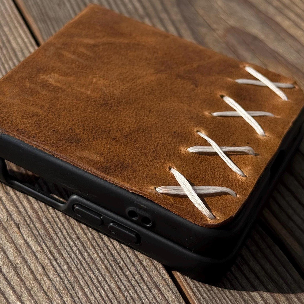 Handmade Leather Galaxy Z Flip Wallet Case: Tree of Life Design