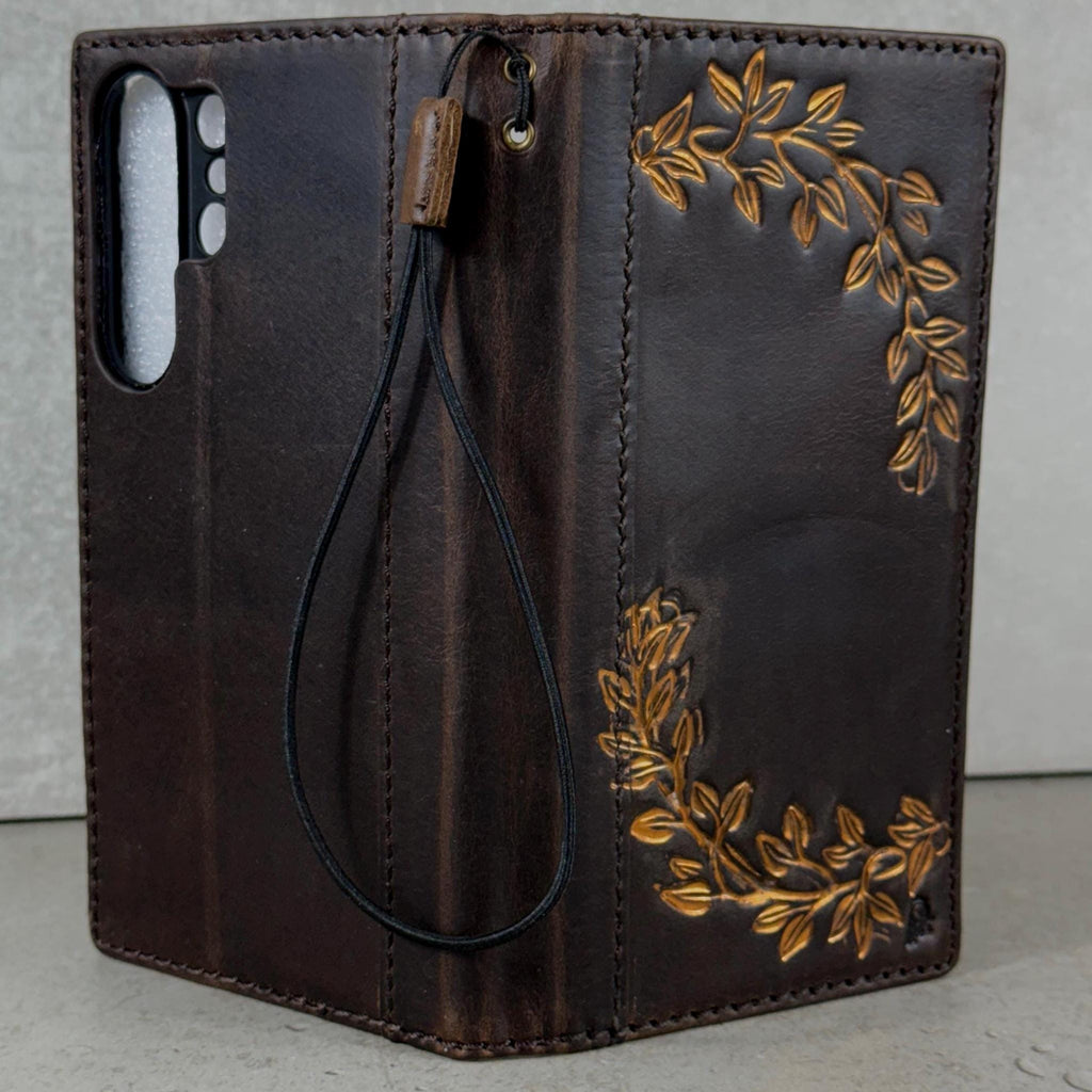 Handmade Leather Wallet Case: Floral Book Design for Galaxy S21/S22/S23/S24/S25