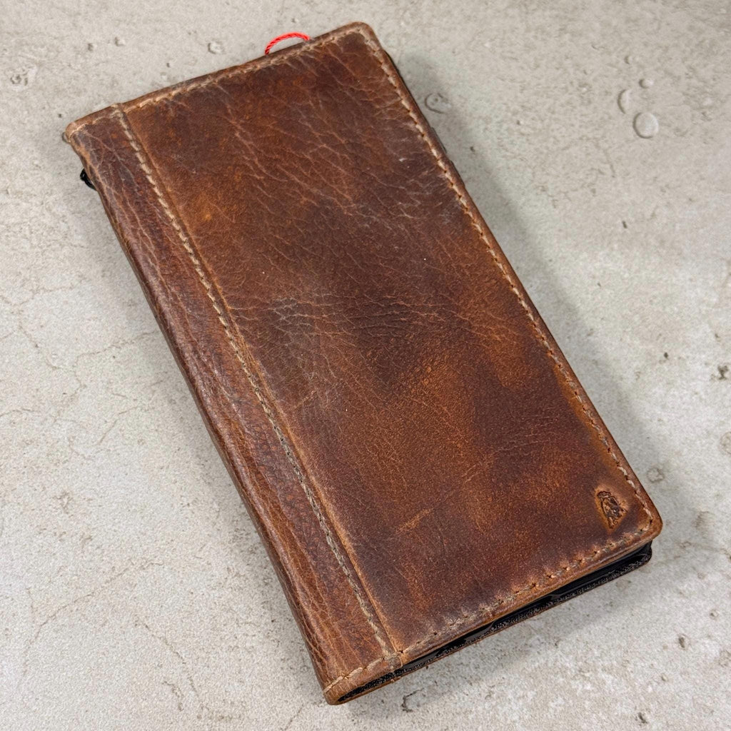 Handmade Leather Book Phone Case: Vintage Gray Blue iPhone Cover
