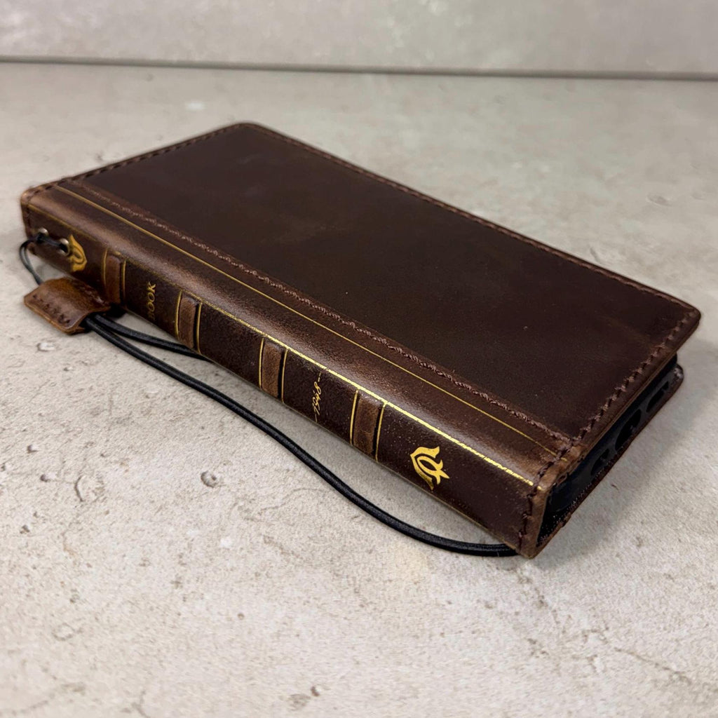 Handmade Full Grain Leather iPhone Case: Vintage Book Style, ID Window, Card Slots
