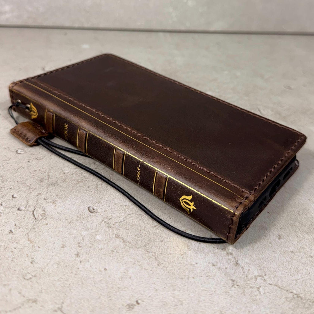 Handmade Full Grain Leather iPhone Case: Vintage Book Style, ID Window, Card Slots