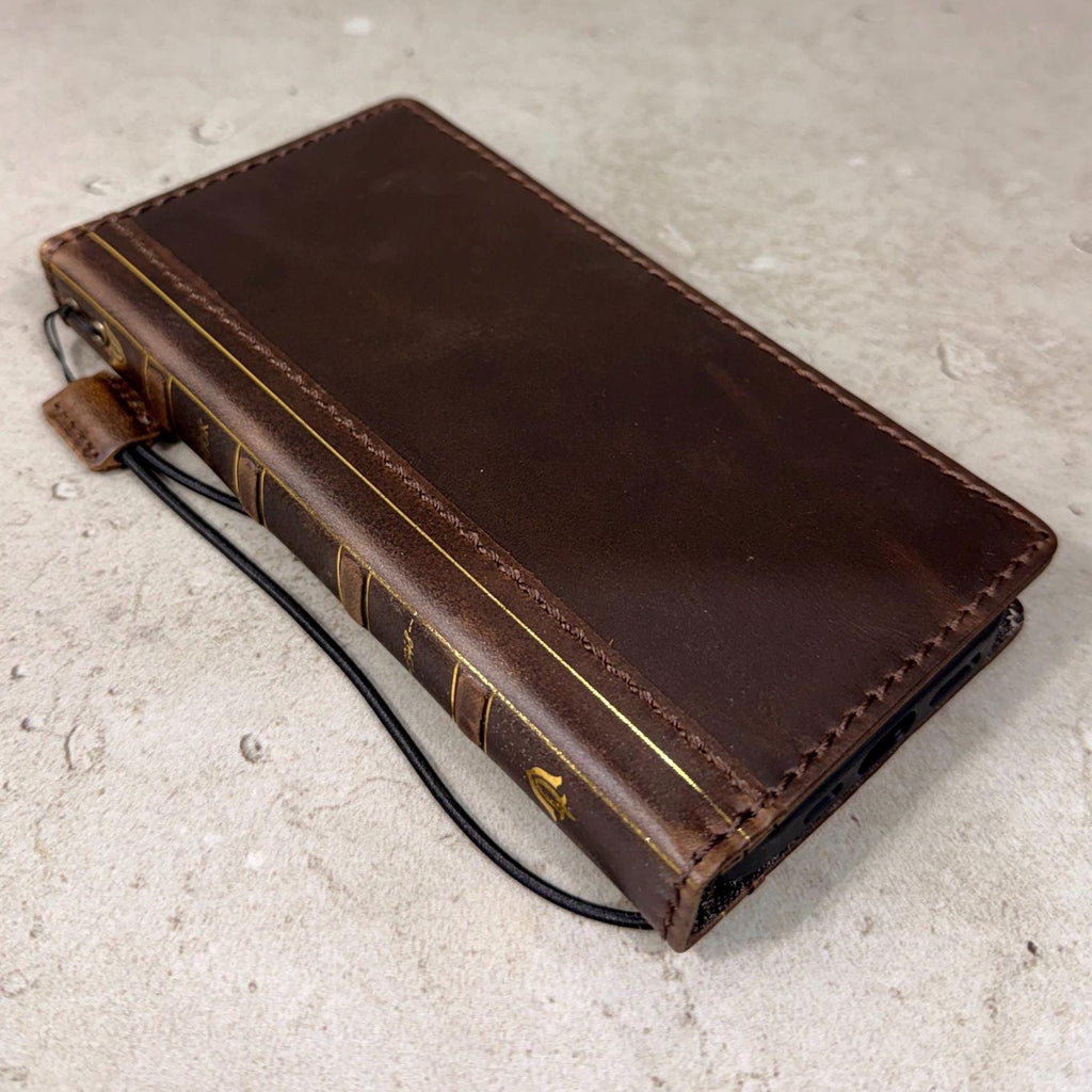 Handmade Full Grain Leather iPhone Case: Vintage Book Style, ID Window, Card Slots