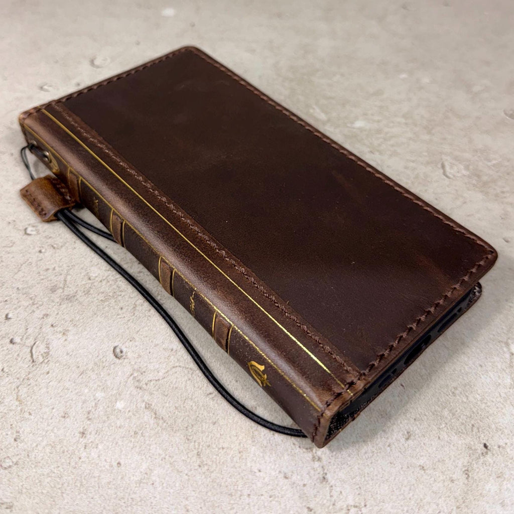 Handmade Full Grain Leather iPhone Case: Vintage Book Style, ID Window, Card Slots