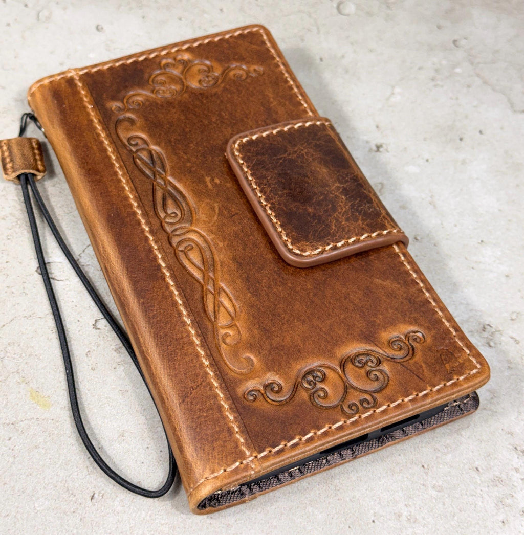 Handmade Leather Wallet Case: Magnetic Book Cover with Card Slots