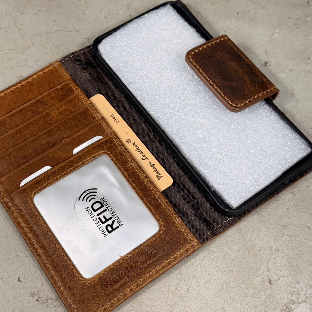 Handmade Leather Wallet Case: Magnetic Book Cover with Card Slots