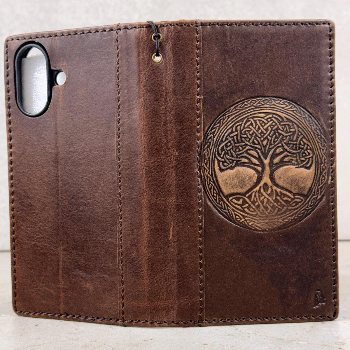 Genuine Leather iPhone Wallet Case: Tree Of Life Embossed Cover