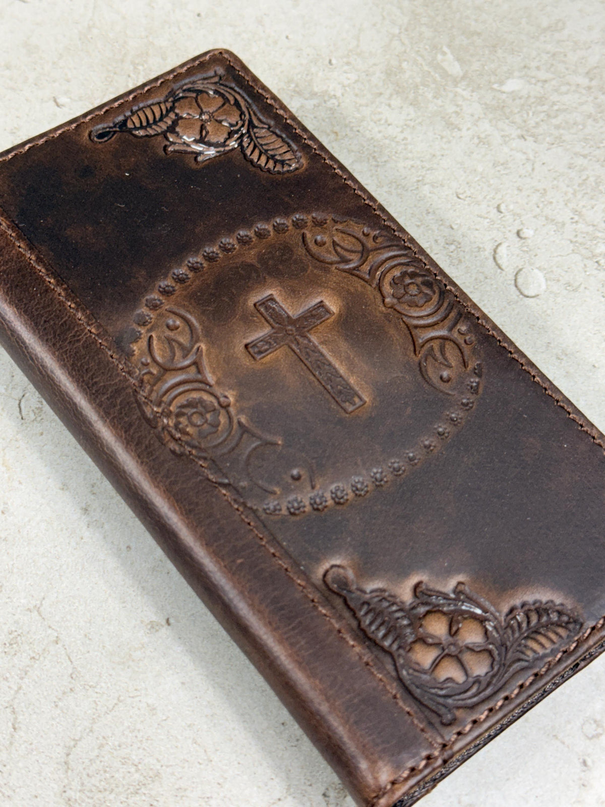 Handmade Leather iPhone Wallet Case: Vintage Stamped Cross Design