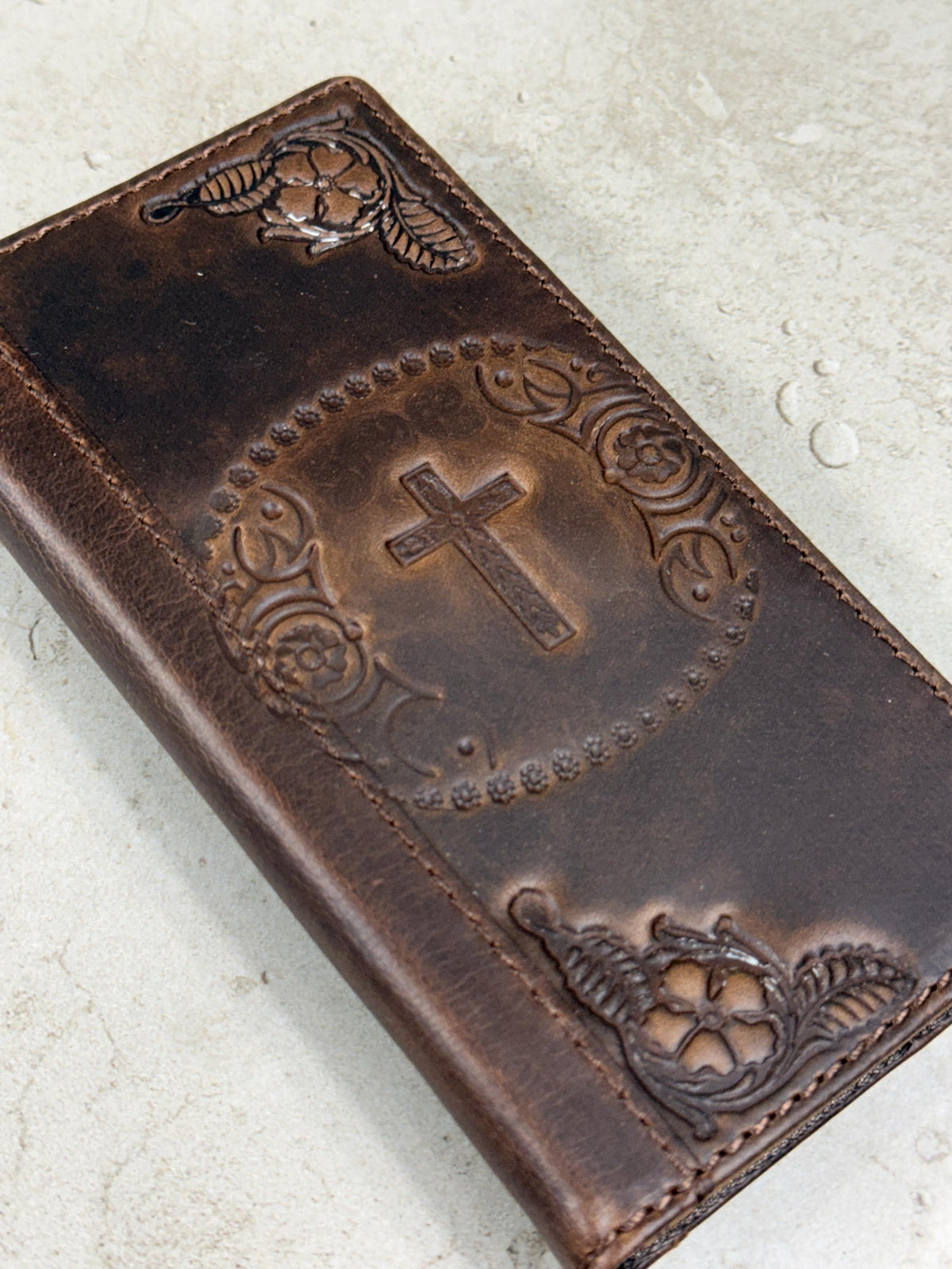 Handmade Leather iPhone Wallet Case: Vintage Stamped Cross Design