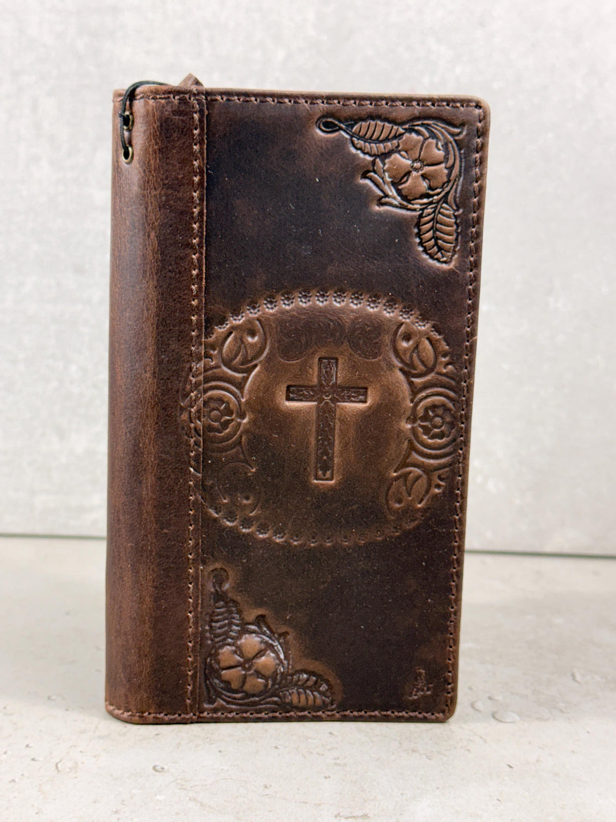 Handmade Leather iPhone Wallet Case: Vintage Stamped Cross Design