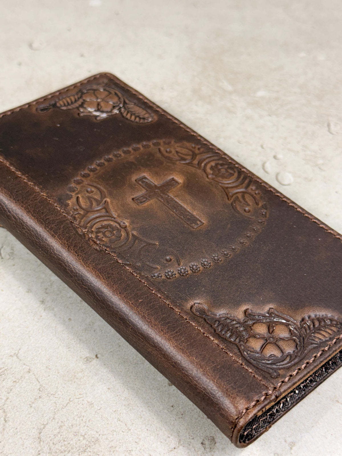 Handmade Leather iPhone Wallet Case: Vintage Stamped Cross Design