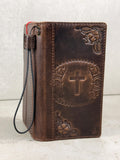 Handmade Leather iPhone Wallet Case: Vintage Stamped Cross Design