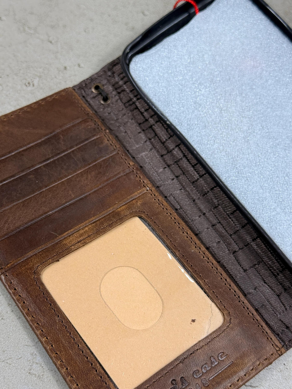 Handmade Leather iPhone Wallet Case: Vintage Stamped Cross Design