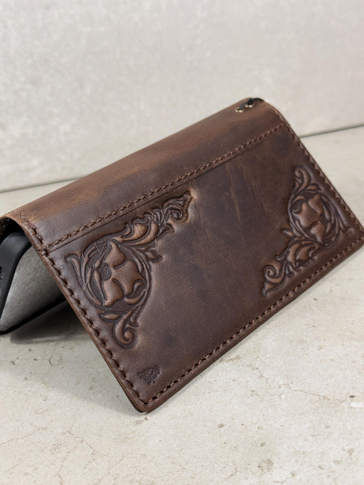 Handmade Leather iPhone Wallet Case: Vintage Stamped Cross Design