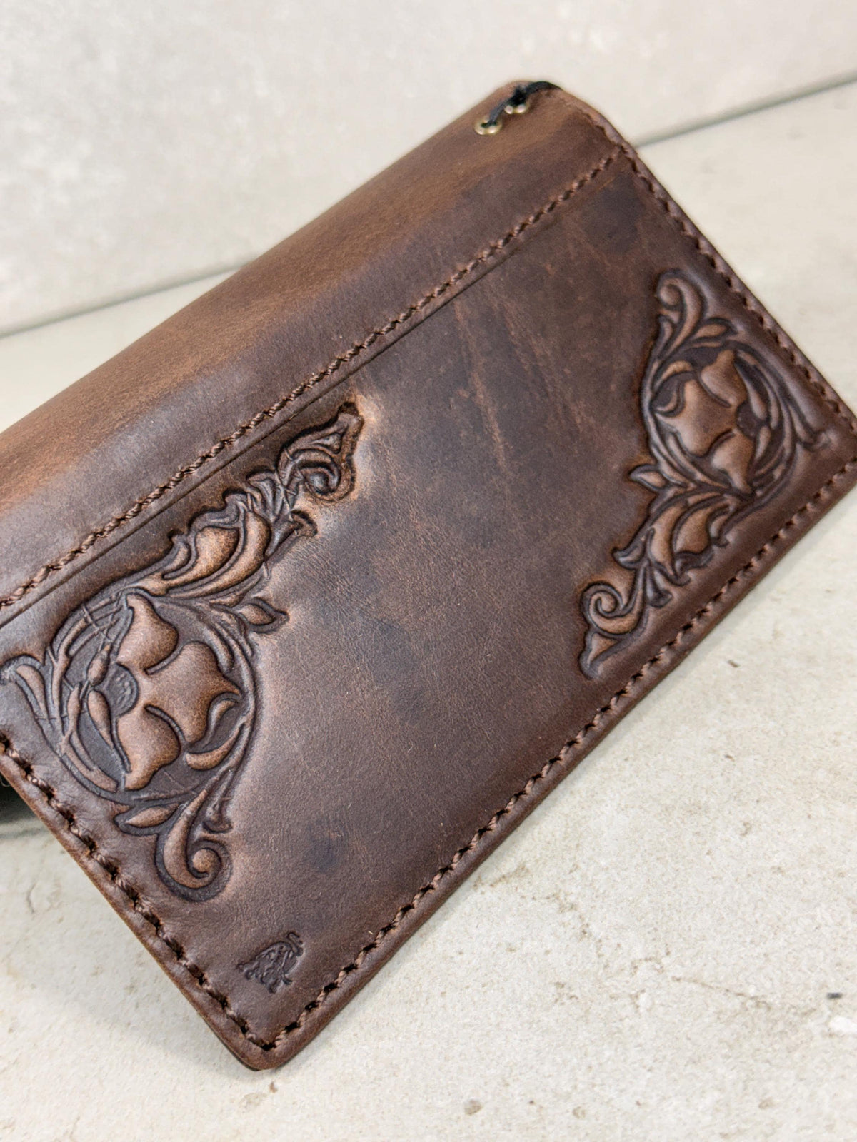 Handmade Leather iPhone Wallet Case: Vintage Stamped Cross Design