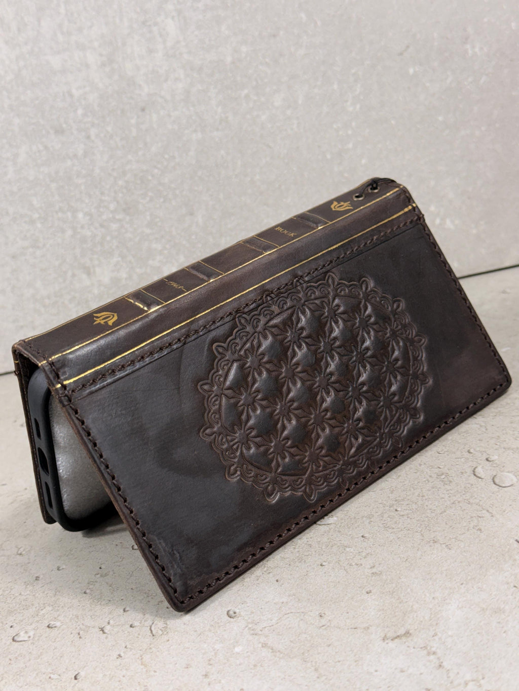 Handmade Leather iPhone Wallet Case: Vintage Stamped Cross Design