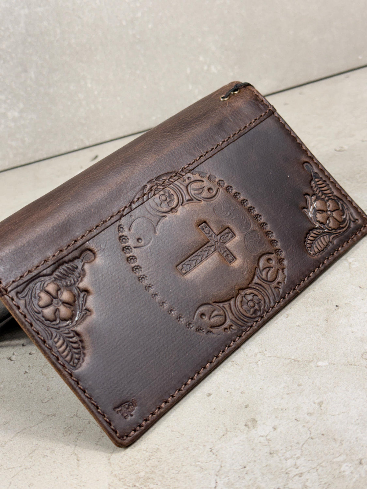 Handmade Leather iPhone Wallet Case: Vintage Stamped Cross Design