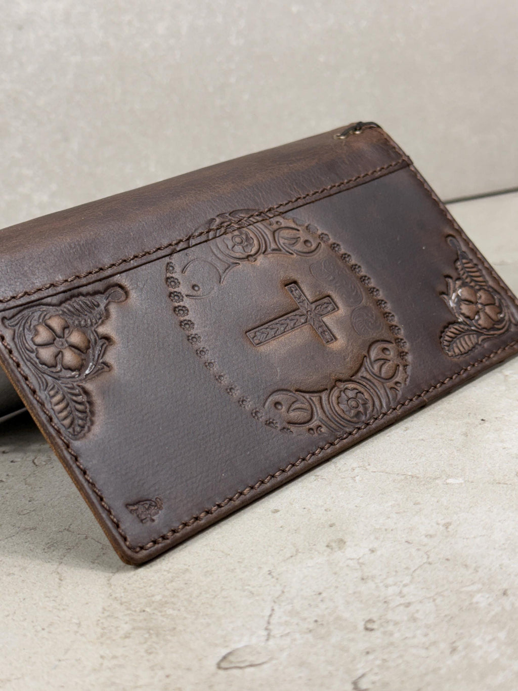 Handmade Leather iPhone Wallet Case: Vintage Stamped Cross Design