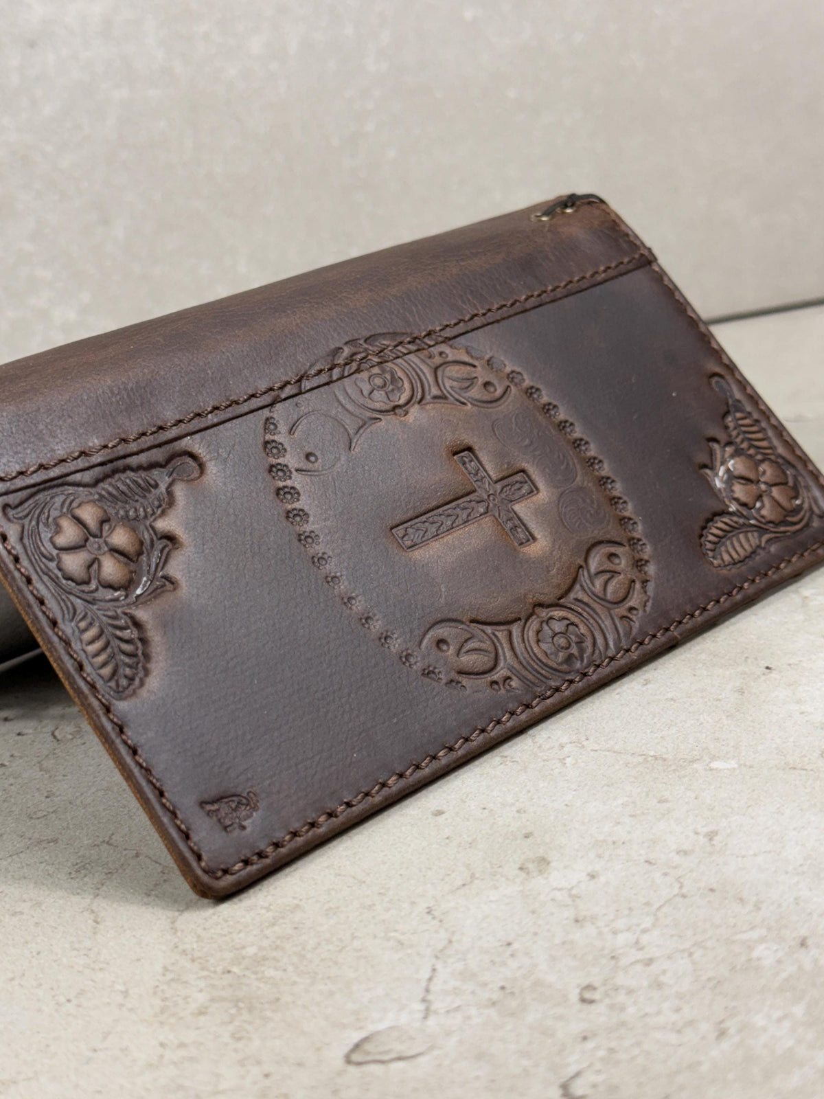 Handmade Leather iPhone Wallet Case: Vintage Stamped Cross Design