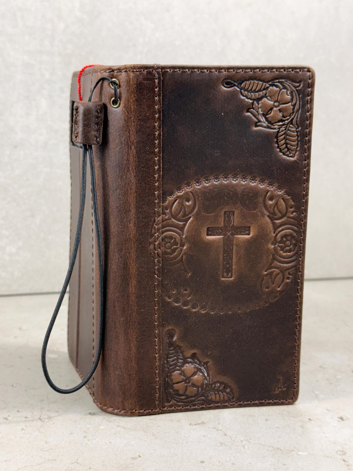 Handmade Leather iPhone Wallet Case: Vintage Stamped Cross Design