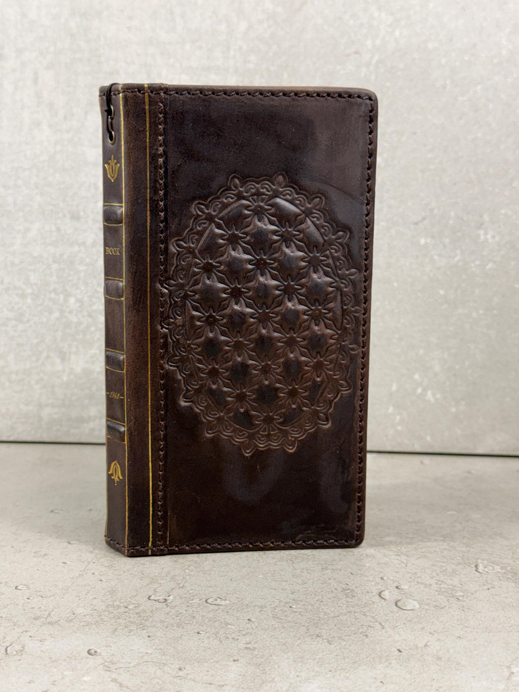 Handmade Leather iPhone Wallet Case: Vintage Stamped Cross Design