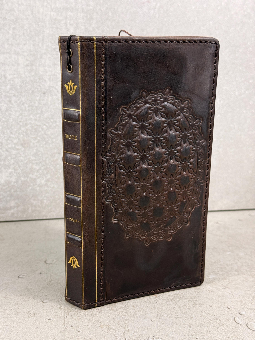 Handmade Leather iPhone Wallet Case: Vintage Stamped Cross Design