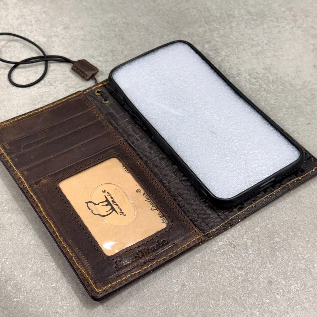 Handmade Leather Book Wallet Case for iPhone: Vintage Style Card Slots
