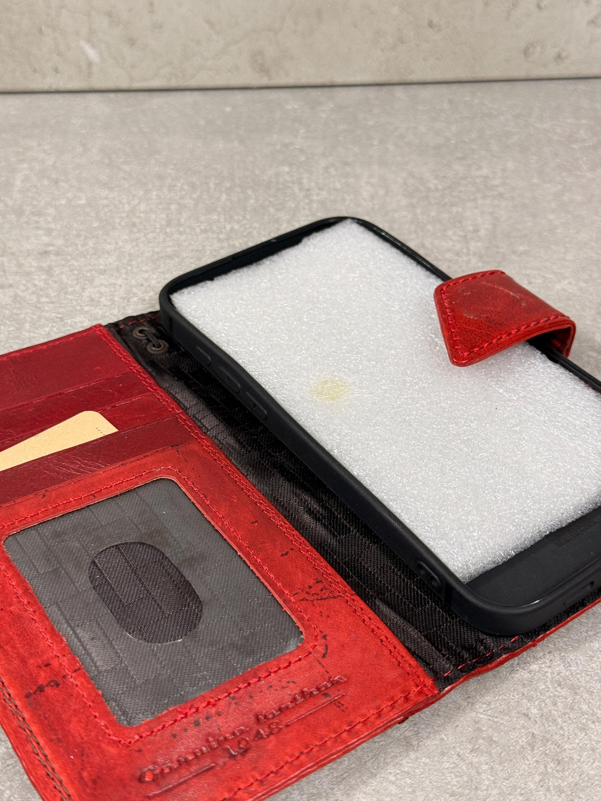 Handmade Leather Google Pixel Wallet Case: Vintage Red Art