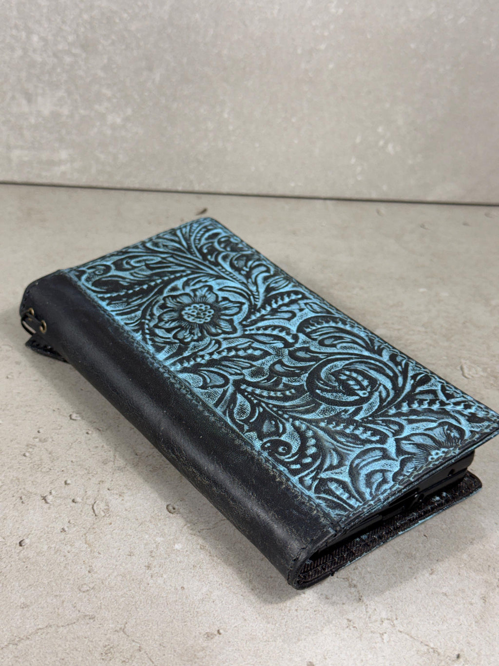 Handmade Embossed Leather Wallet Case, Floral Design Card Slots (Galaxy S21-S26 Ultra)