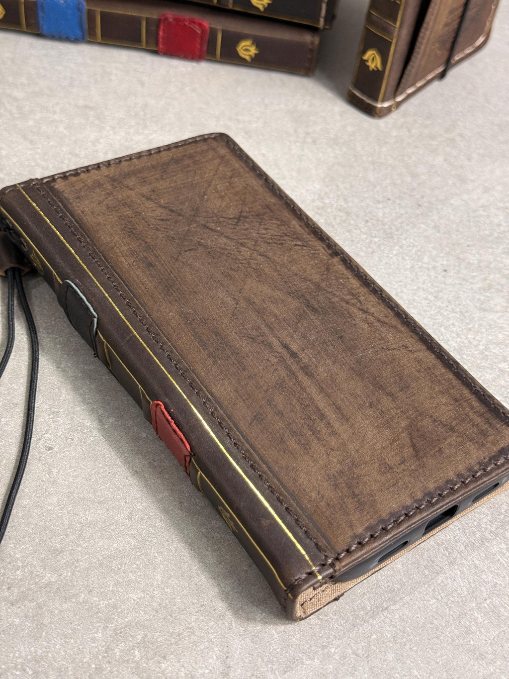 Embossed Leather iPhone Wallet : Vintage Book Style - iPhone 8 to 17 Pro Max