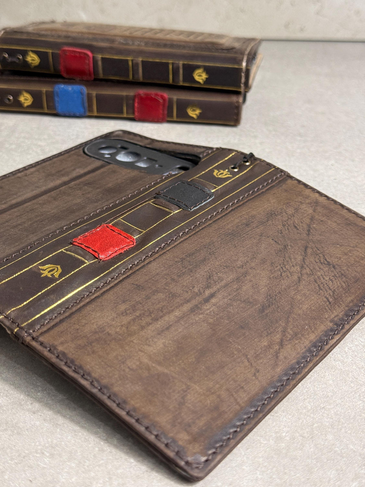 Embossed Leather iPhone Wallet : Vintage Book Style - iPhone 8 to 17 Pro Max