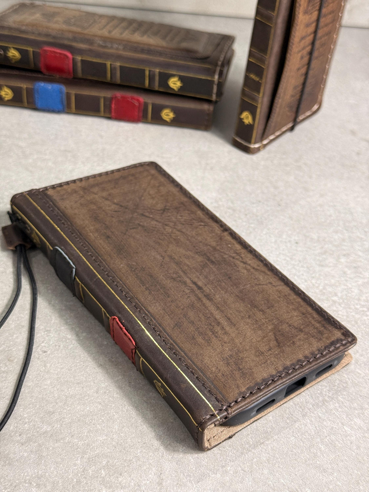 Embossed Leather iPhone Wallet : Vintage Book Style - iPhone 8 to 17 Pro Max