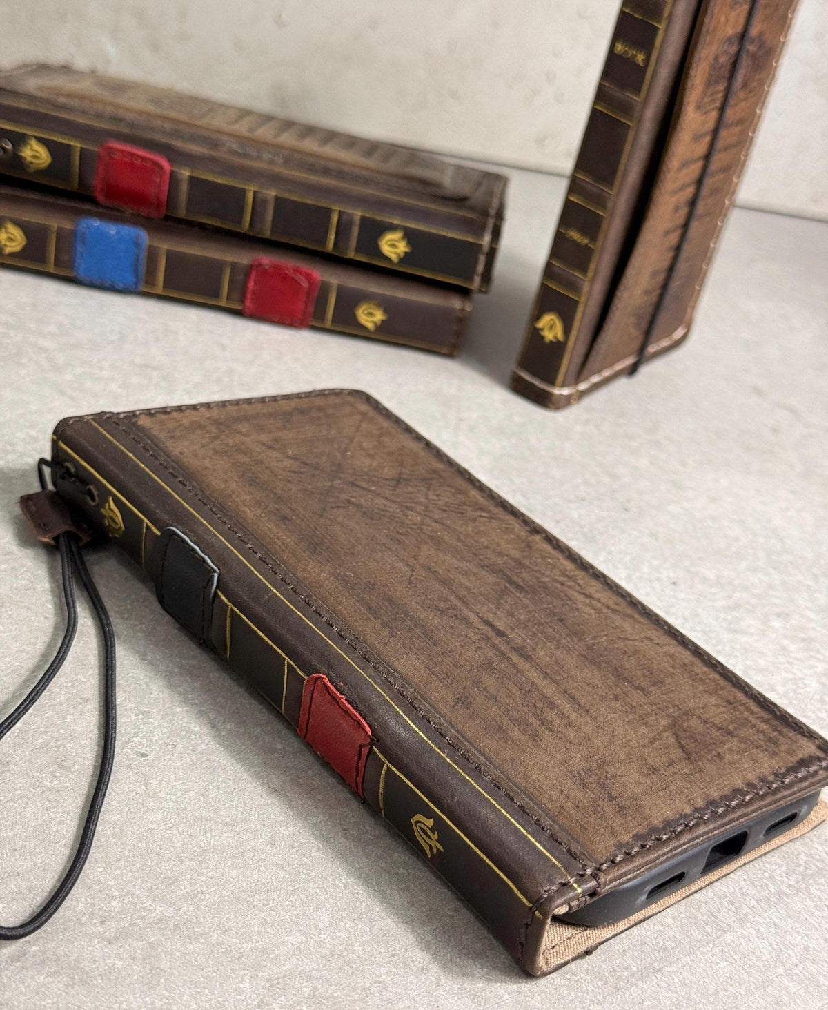Embossed Leather iPhone Wallet : Vintage Book Style - iPhone 8 to 17 Pro Max