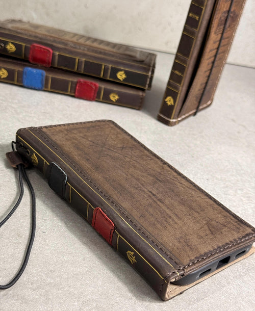Embossed Leather iPhone Wallet : Vintage Book Style - iPhone 8 to 17 Pro Max