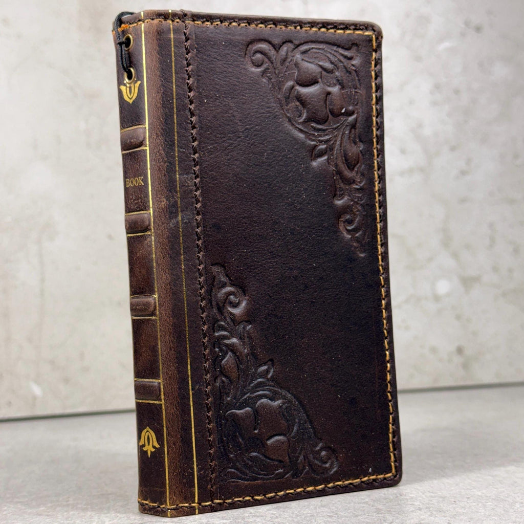 Handmade Leather Book Wallet Case for iPhone: Vintage Style Card Slots