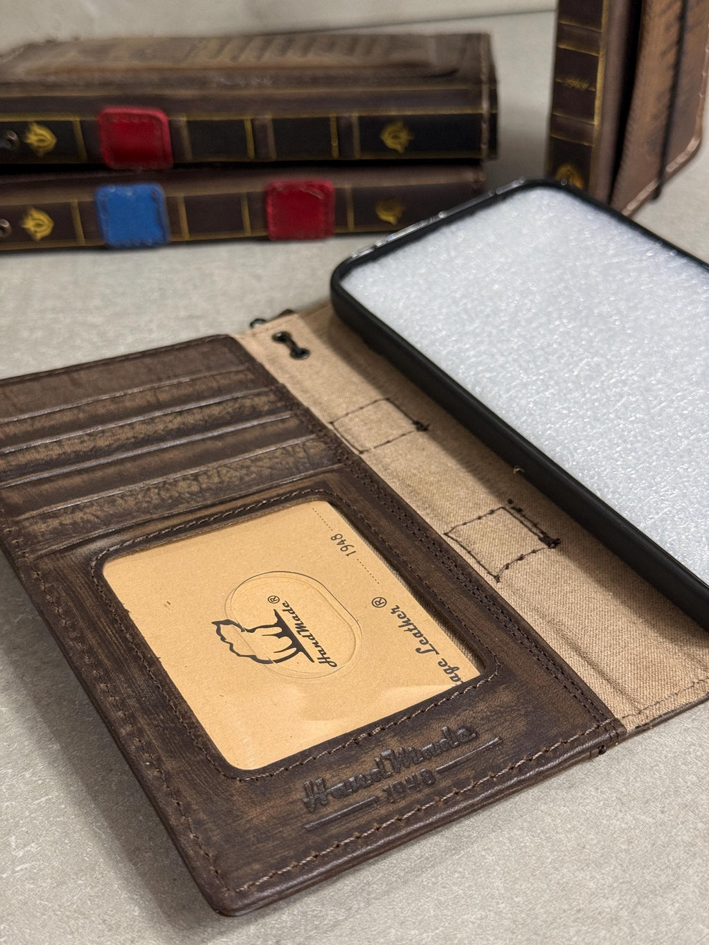 Embossed Leather iPhone Wallet : Vintage Book Style - iPhone 8 to 17 Pro Max