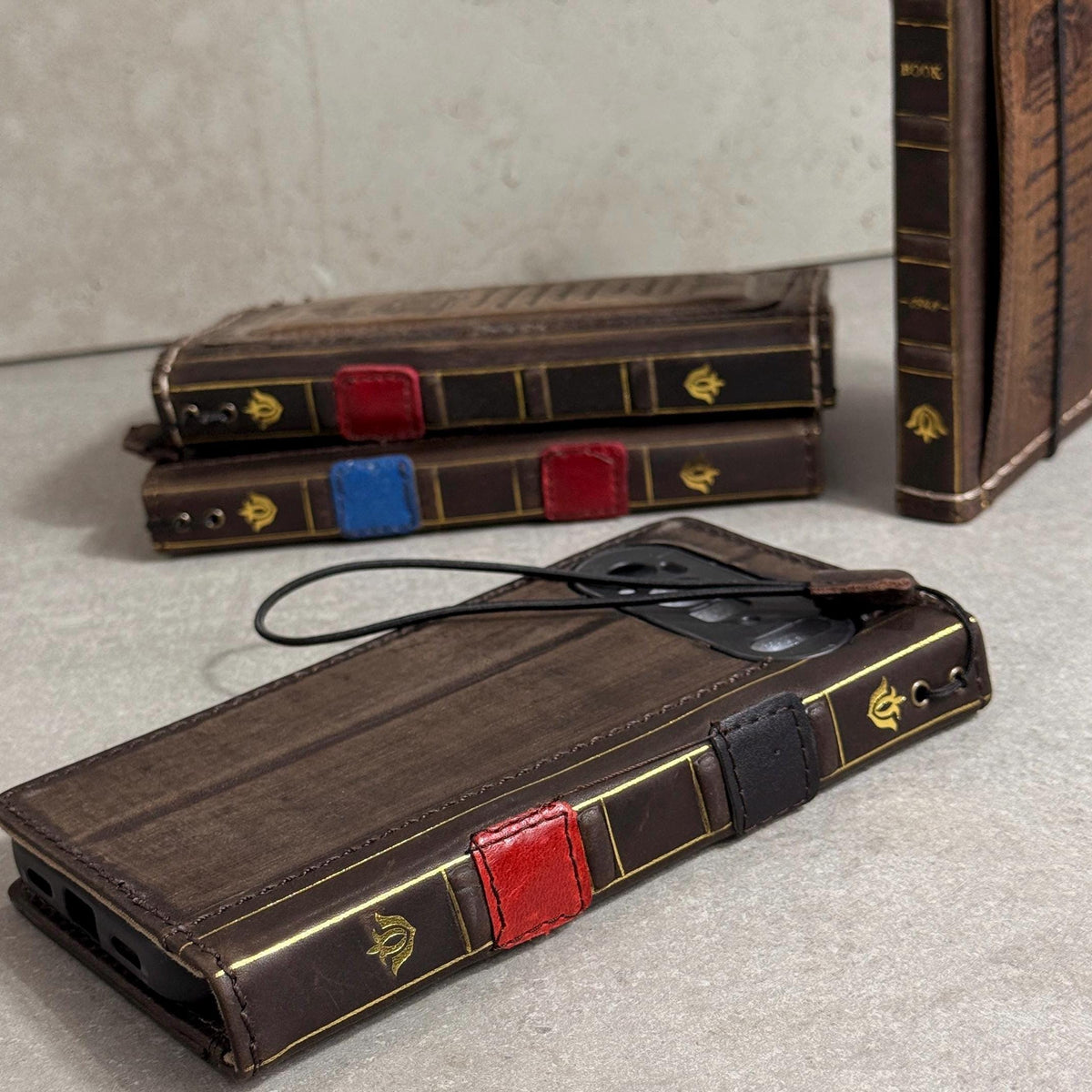 Embossed Leather iPhone Wallet : Vintage Book Style - iPhone 8 to 17 Pro Max