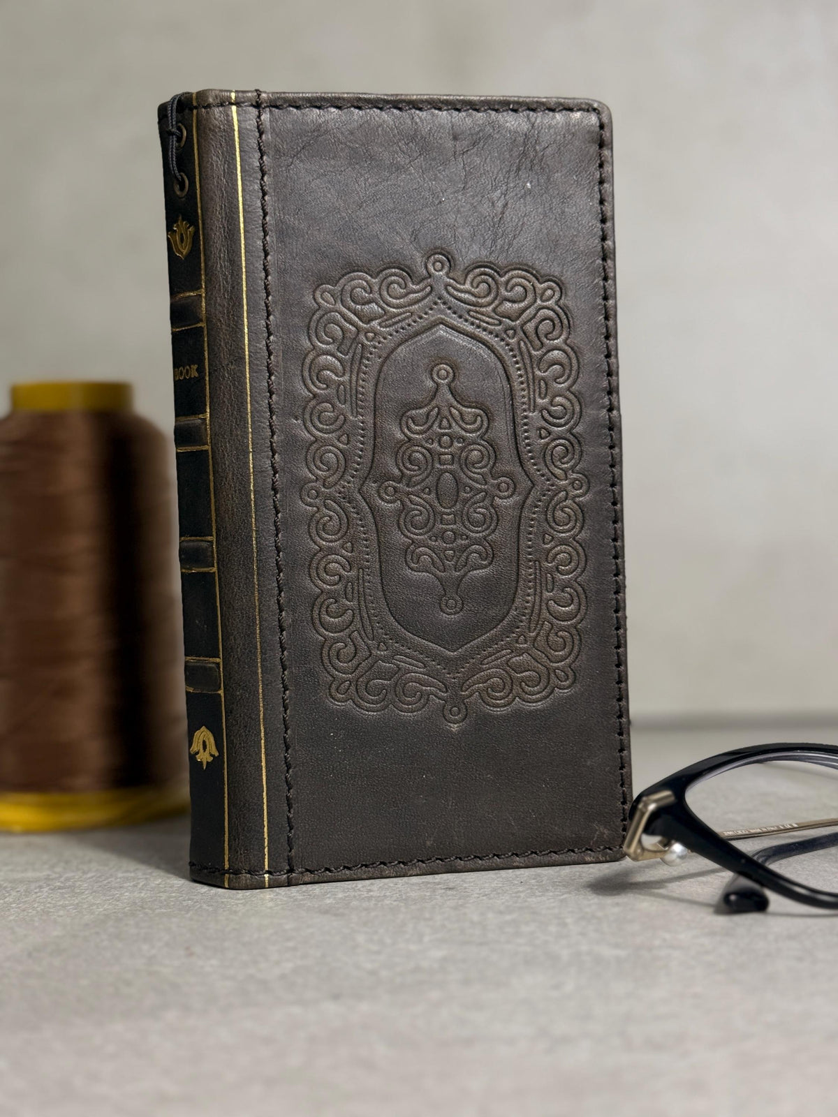 Embossed Leather iPhone Wallet : Vintage Book Style - iPhone 8 to 17 Pro Max