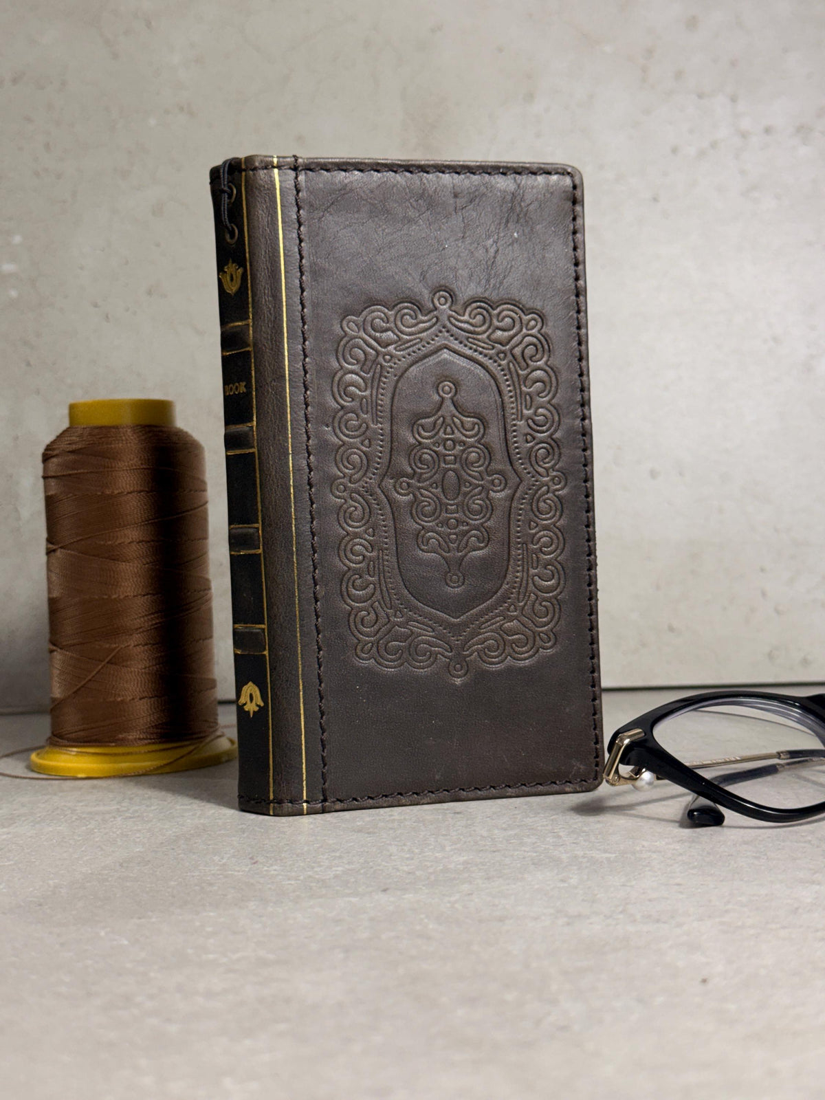 Embossed Leather iPhone Wallet : Vintage Book Style - iPhone 8 to 17 Pro Max