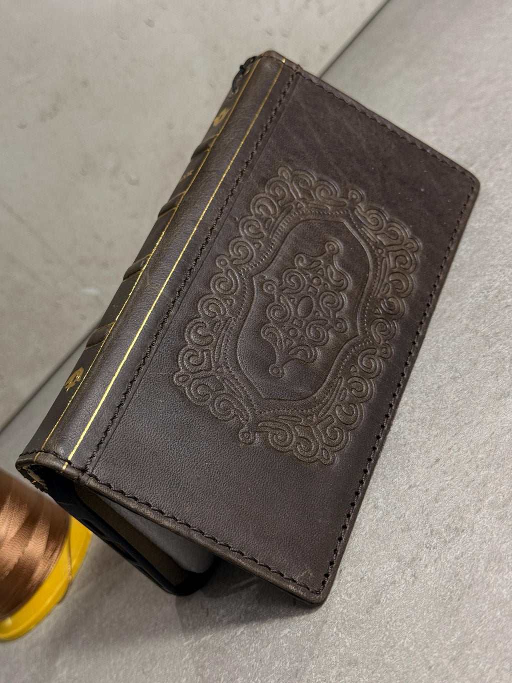 Embossed Leather iPhone Wallet : Vintage Book Style - iPhone 8 to 17 Pro Max