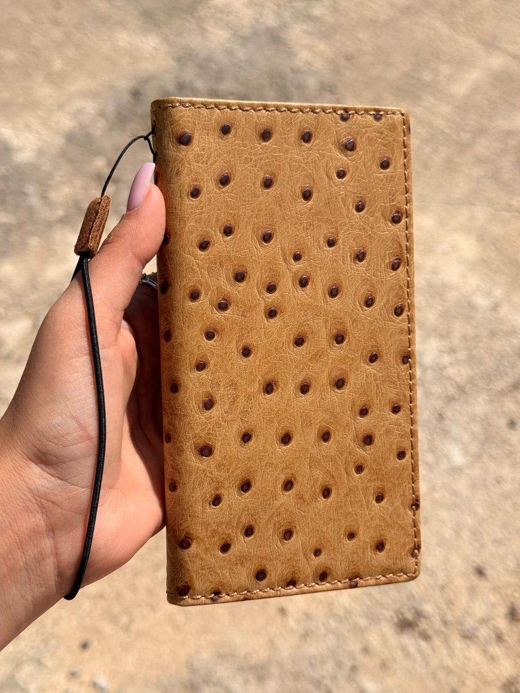 Handmade Ostrich Pattern Leather iPhone Case: Vintage Book Style Wallet