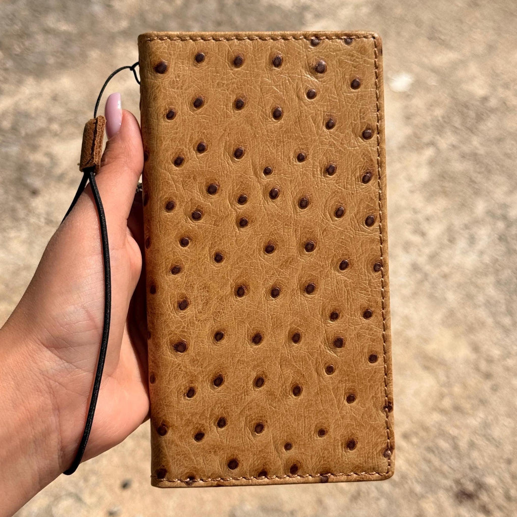 Handmade Ostrich Pattern Leather iPhone Case: Vintage Book Style Wallet