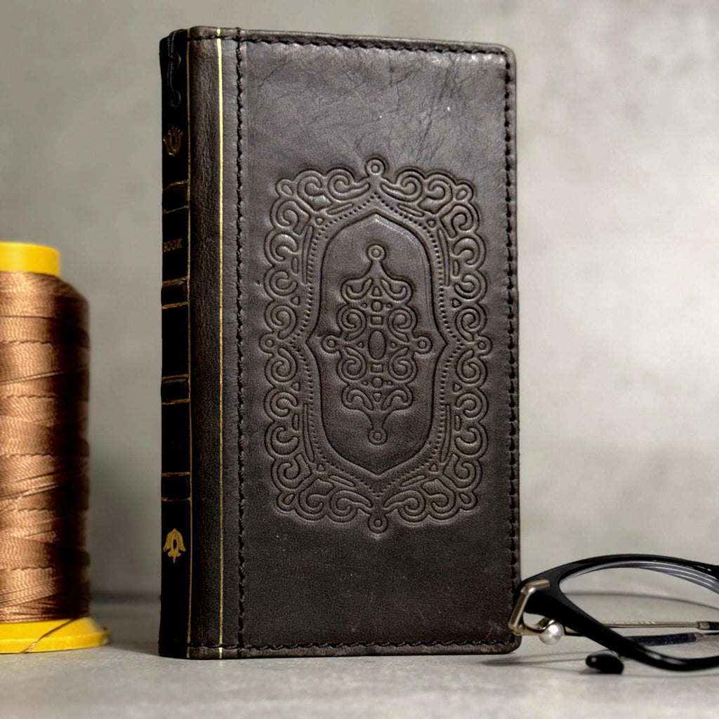 Embossed Leather iPhone Wallet : Vintage Book Style - iPhone 8 to 17 Pro Max