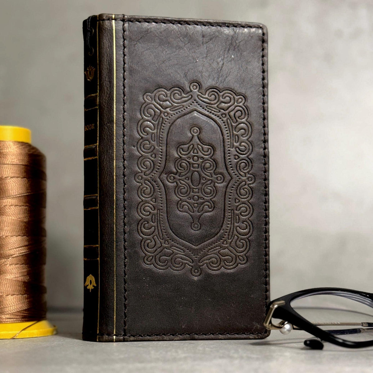 Embossed Leather iPhone Wallet : Vintage Book Style - iPhone 8 to 17 Pro Max