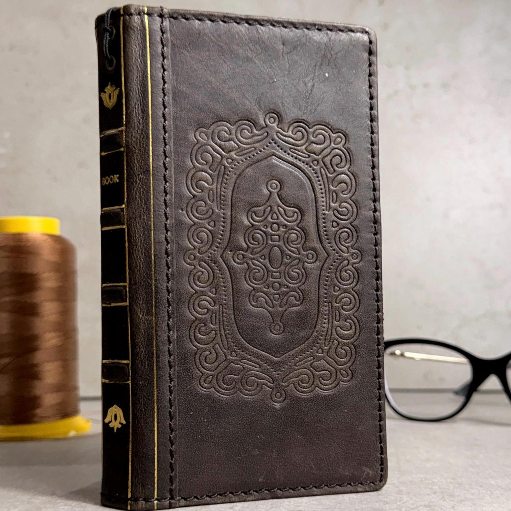 Embossed Leather iPhone Wallet : Vintage Book Style - iPhone 8 to 17 Pro Max