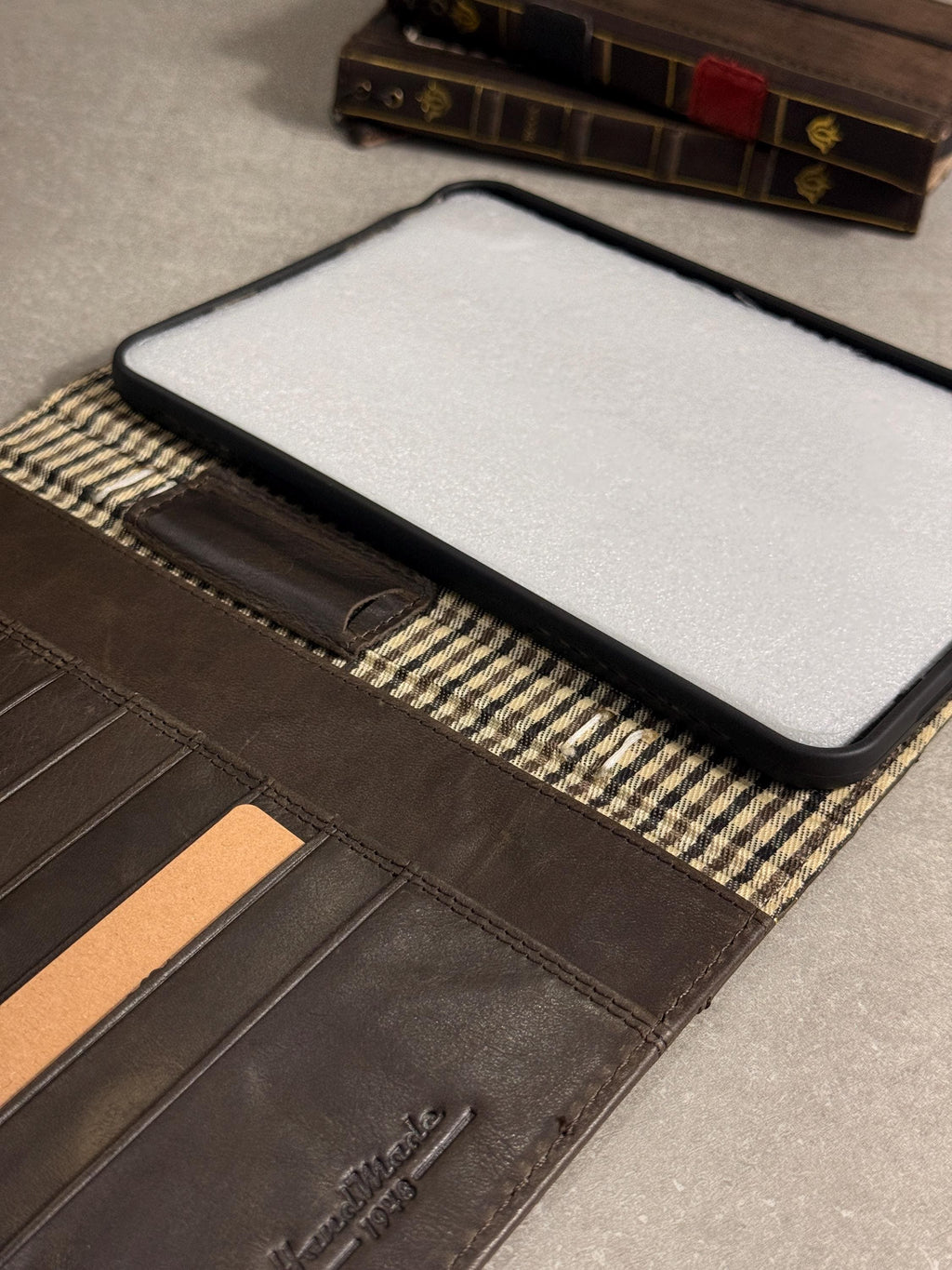 Handmade Leather iPad Cover, Book Style Case with Pen Holder stone polished