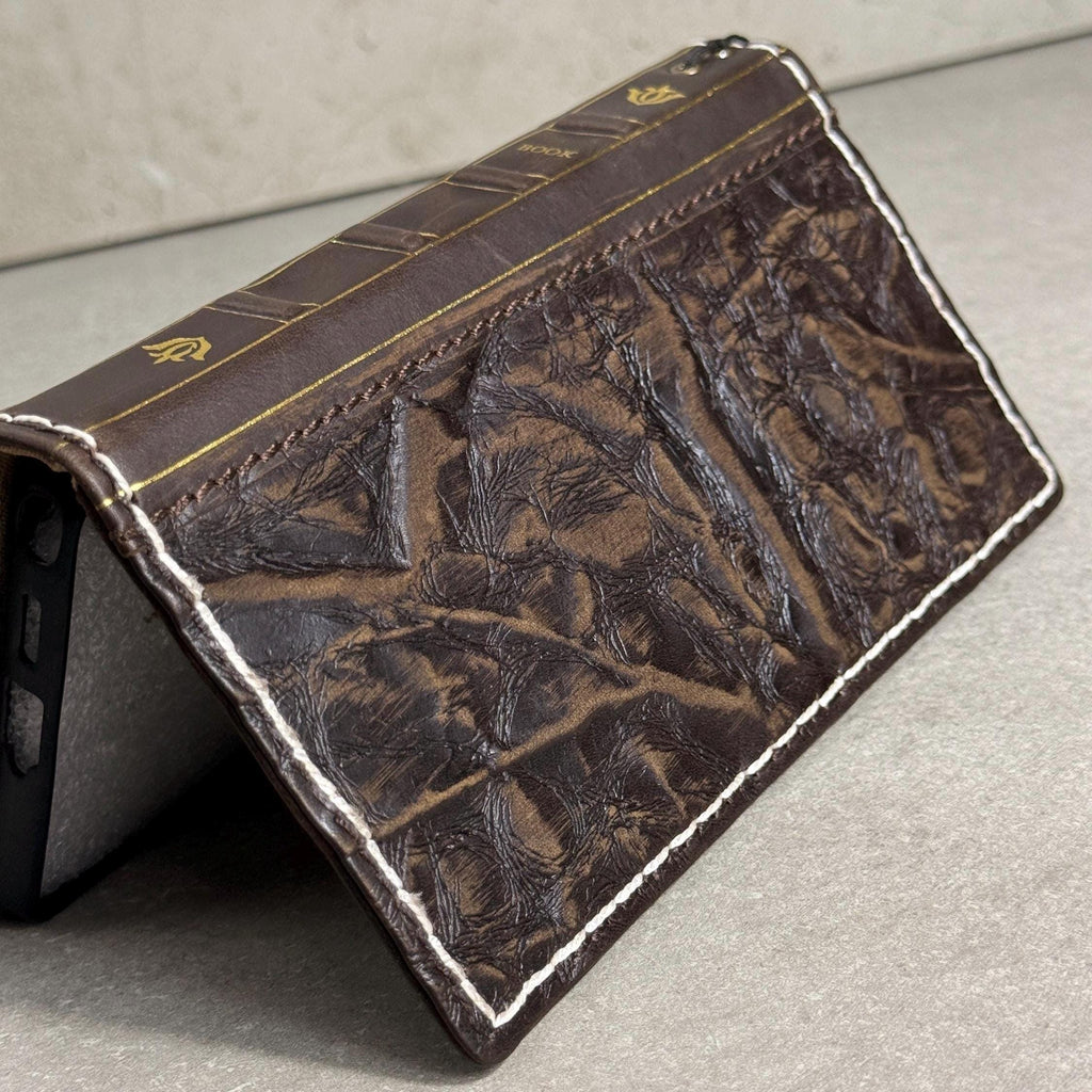 Handmade Leather Book Wallet Case for iPhone: Vintage Style Card Slots