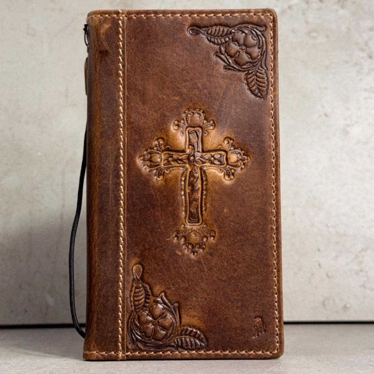 Handmade Leather Galaxy Phone Case: Jesus Cross Wallet, Wireless Charge