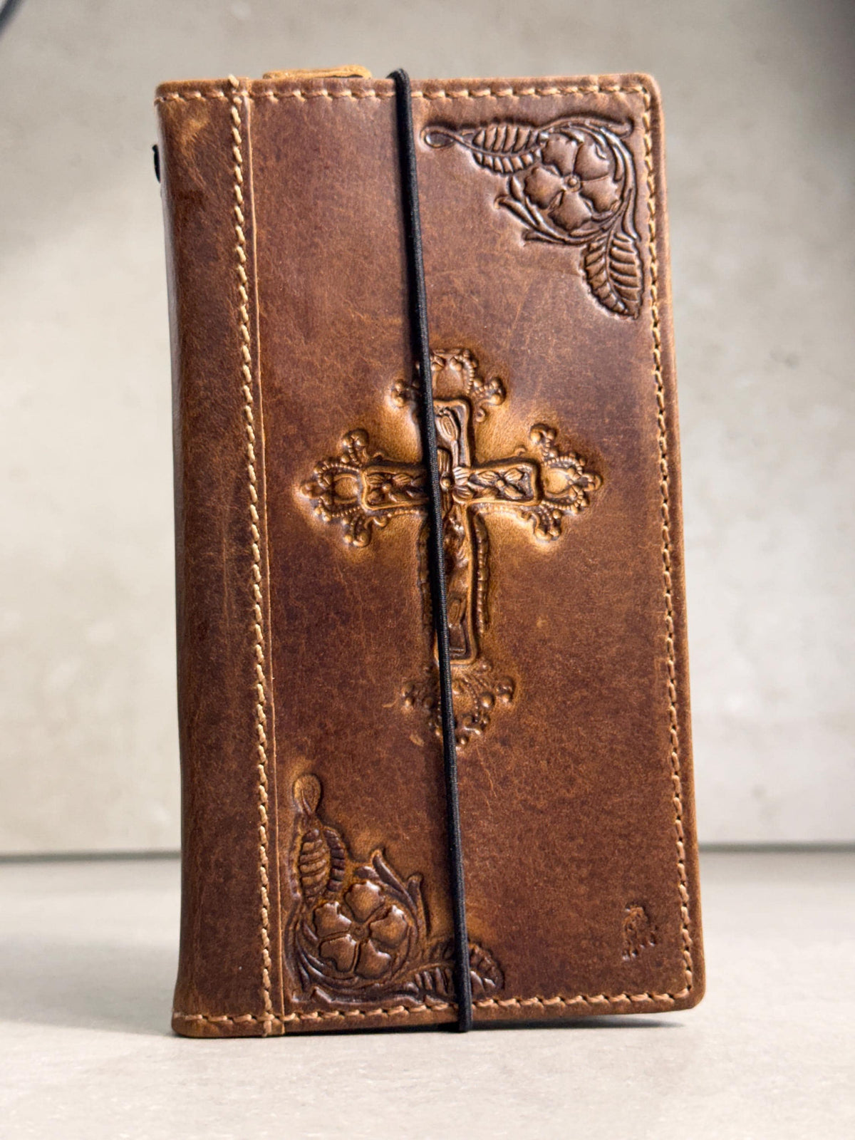 Handmade Leather iPhone Wallet Case: Vintage Stamped Cross Design