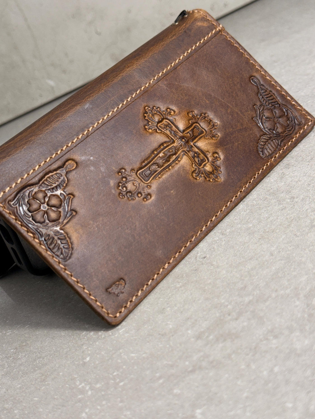 Handmade Leather iPhone Wallet Case: Vintage Stamped Cross Design
